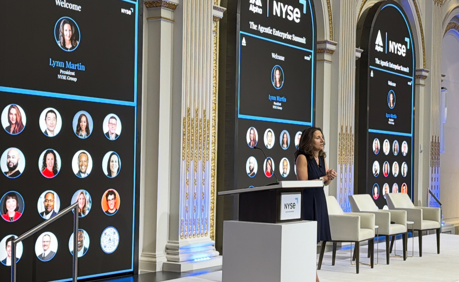 Lynn Martin welcoming attendees at Alpha's Agentic Enterprise Summit at the New York Stock Exchange.